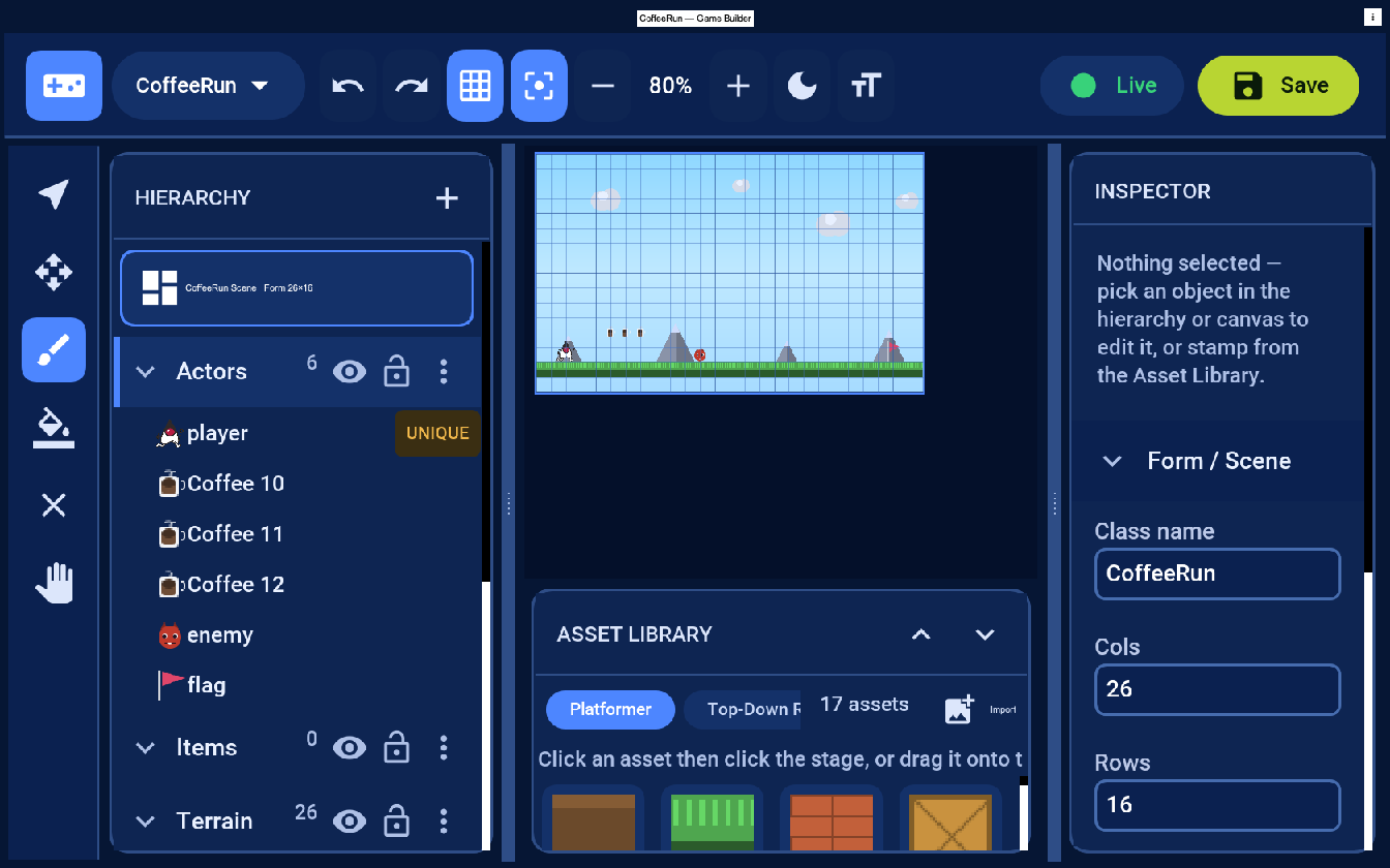 The Game Builder editor: hierarchy on the left, canvas in the middle, inspector on the right